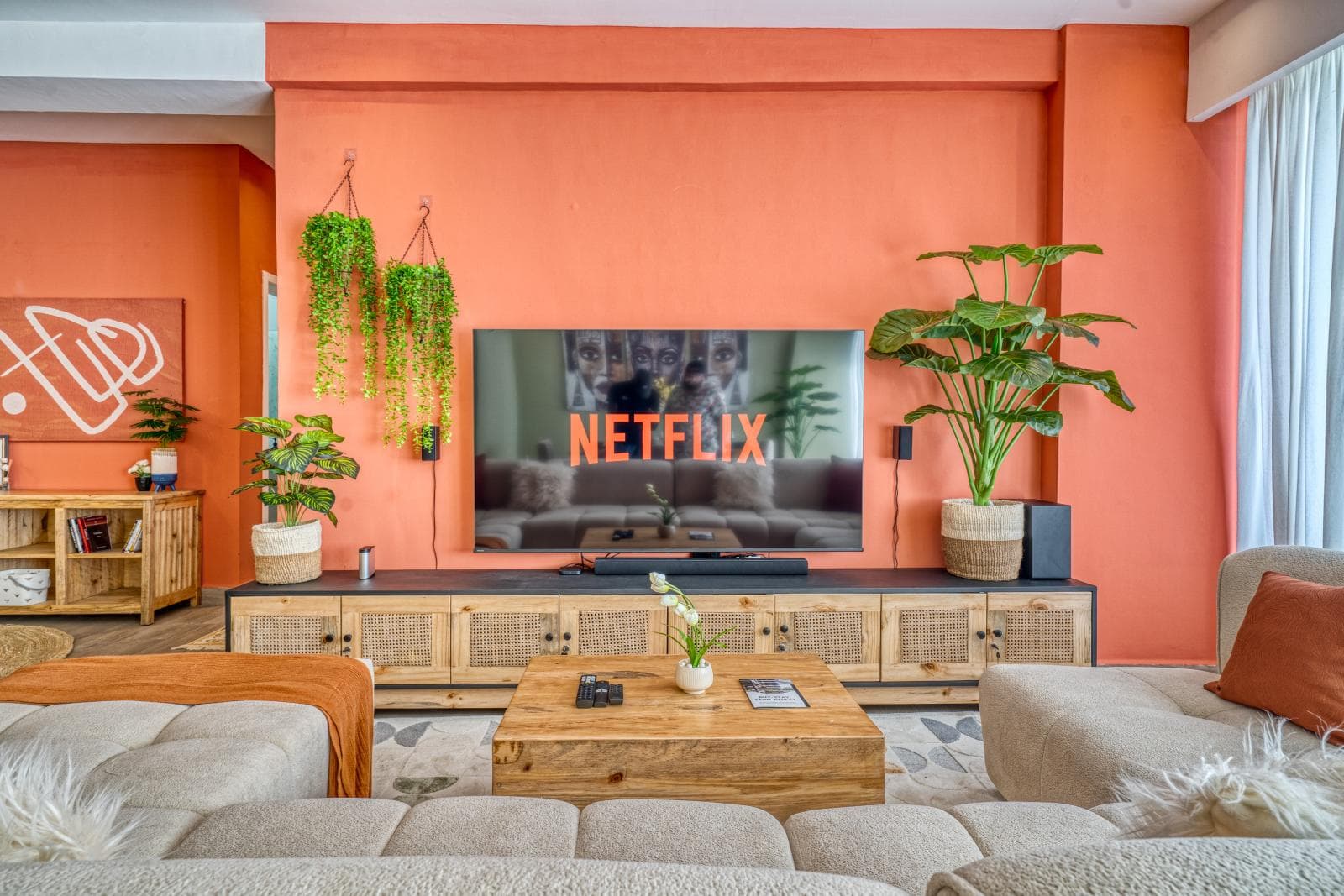 Riverside living room with TV styled by Elite Stays Africa